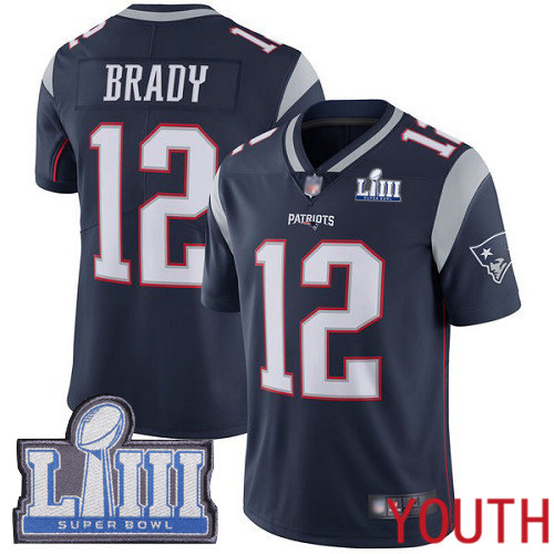 New England Patriots Football 12 Super Bowl LIII Bound Limited Navy Blue Youth Tom Brady Home NFL Jersey